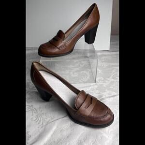 Lands End Womens Shoes Size 7.5B Brown Leather Pumps Block Heels